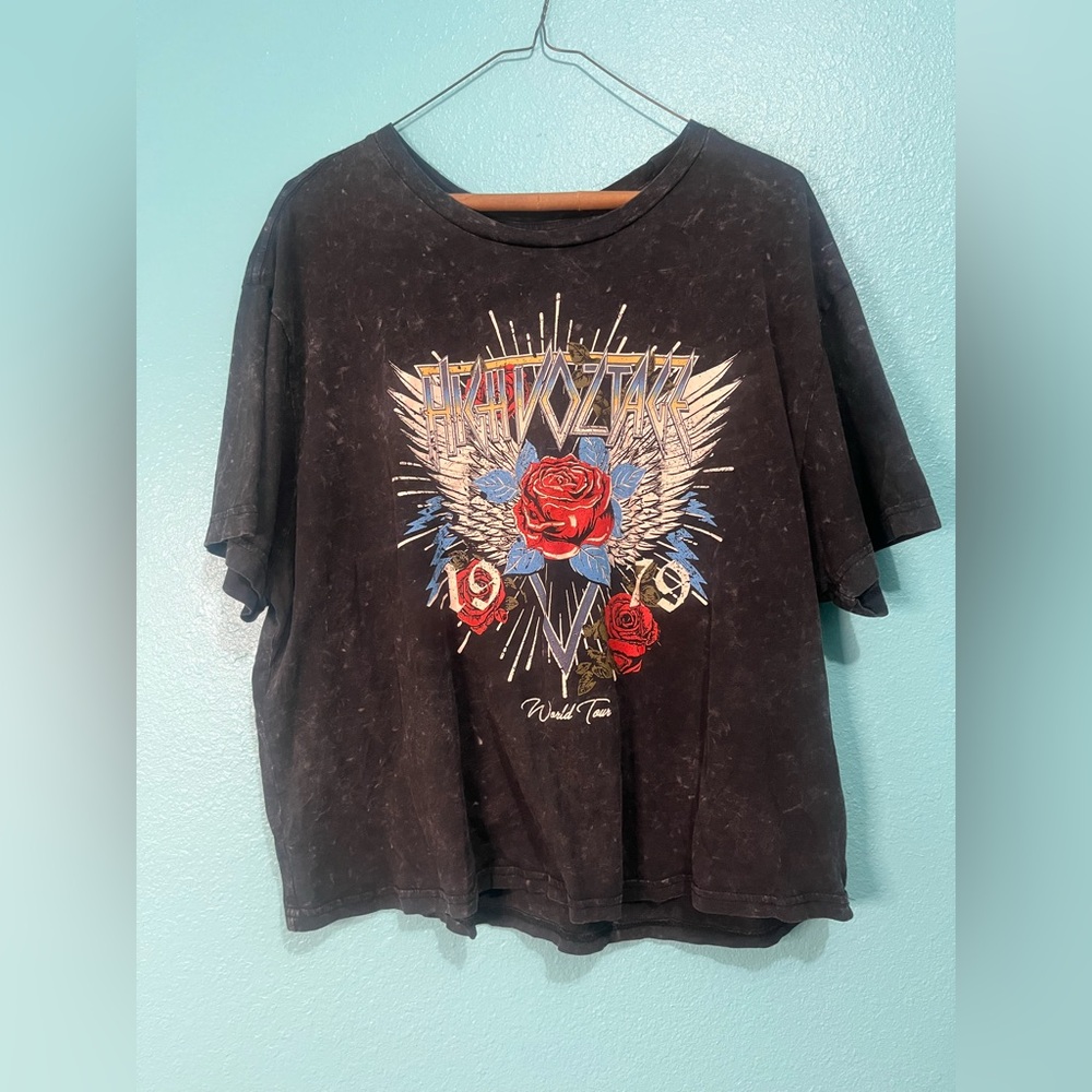 Black Graphic Band Tee with Red Rose Motif